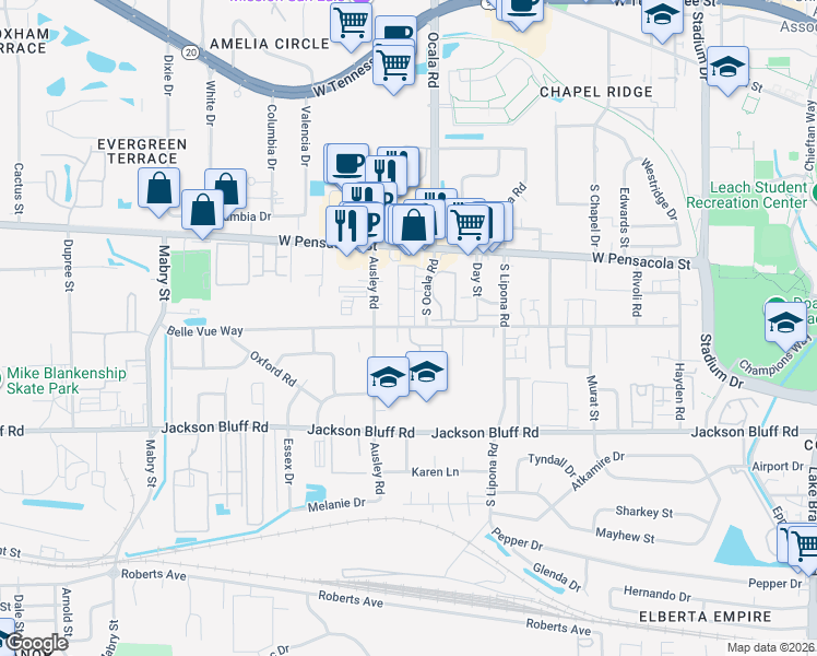 map of restaurants, bars, coffee shops, grocery stores, and more near in Tallahassee