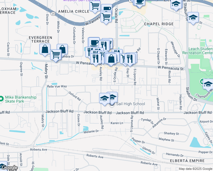 map of restaurants, bars, coffee shops, grocery stores, and more near in Tallahassee