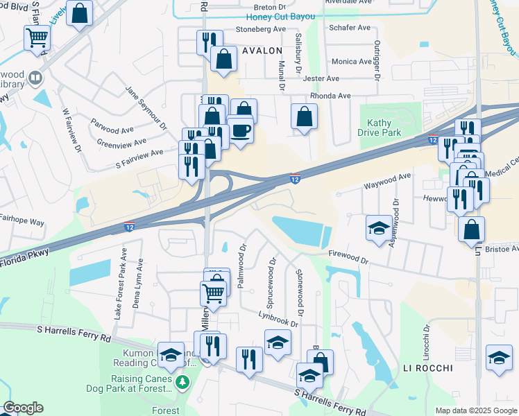 map of restaurants, bars, coffee shops, grocery stores, and more near 2455 Weldwood Drive in Baton Rouge