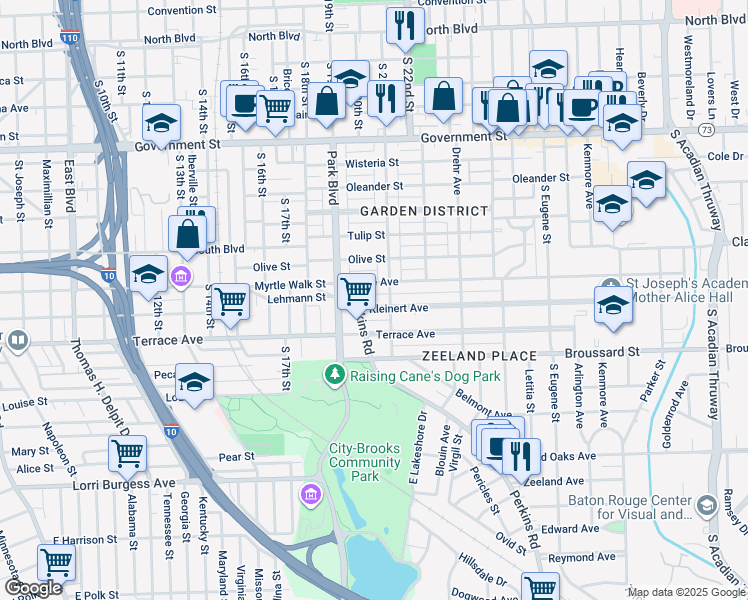 map of restaurants, bars, coffee shops, grocery stores, and more near 2045 Kleinert Avenue in Baton Rouge