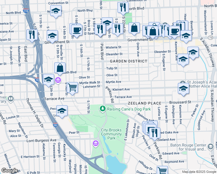 map of restaurants, bars, coffee shops, grocery stores, and more near 1107 Park Boulevard in Baton Rouge