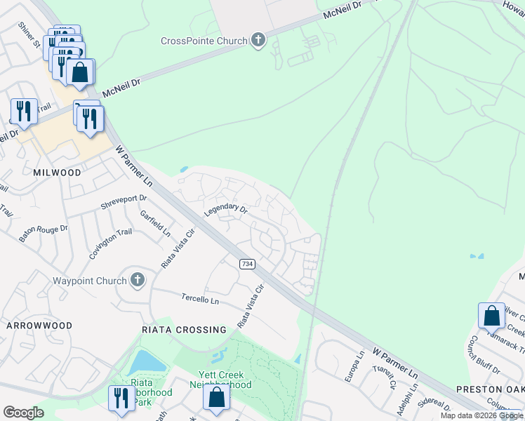 map of restaurants, bars, coffee shops, grocery stores, and more near Legendary Drive in Austin