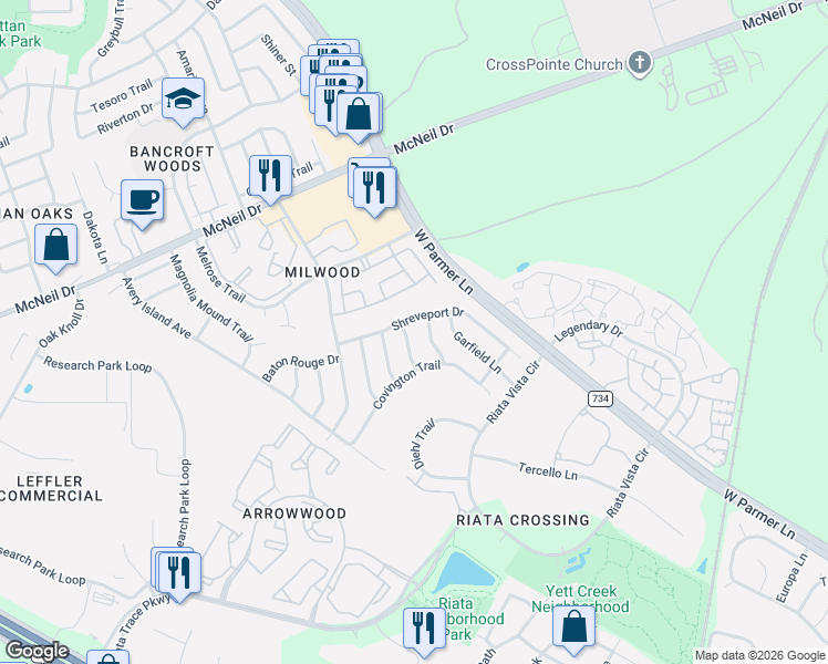 map of restaurants, bars, coffee shops, grocery stores, and more near 12917 Quinn Trail in Austin