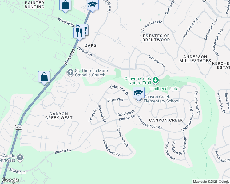 map of restaurants, bars, coffee shops, grocery stores, and more near 10309 Ember Glen Drive in Austin