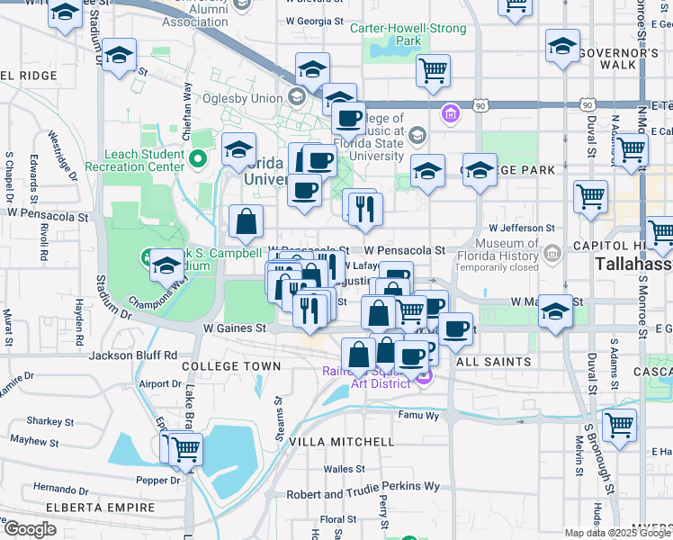 map of restaurants, bars, coffee shops, grocery stores, and more near 729 West Lafayette Street in Tallahassee