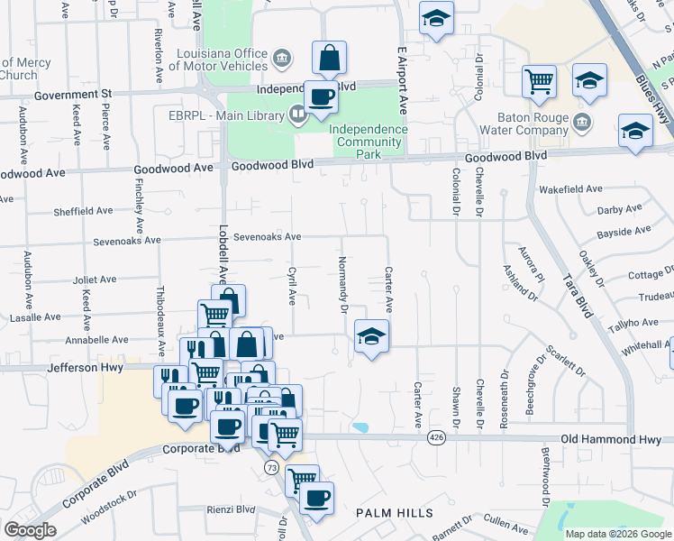 map of restaurants, bars, coffee shops, grocery stores, and more near 7977 Bon Temps Place in Baton Rouge