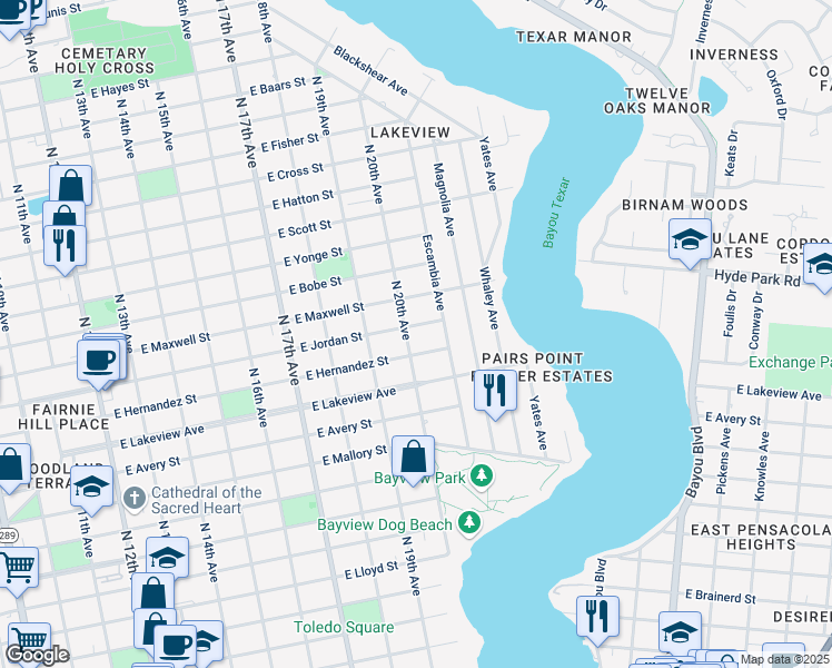 map of restaurants, bars, coffee shops, grocery stores, and more near 2001 East Jordan Street in Pensacola
