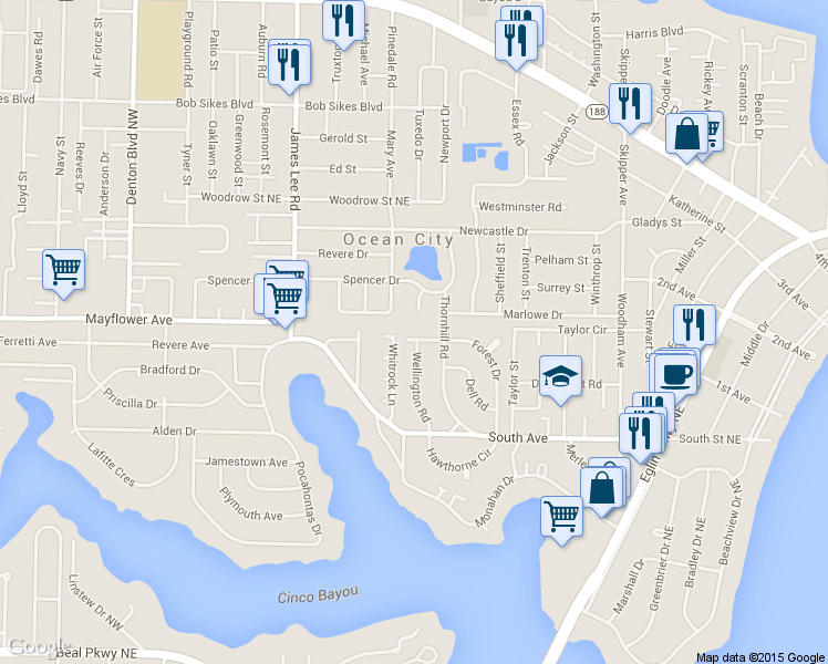 map of restaurants, bars, coffee shops, grocery stores, and more near 401 Forest Drive in Fort Walton Beach