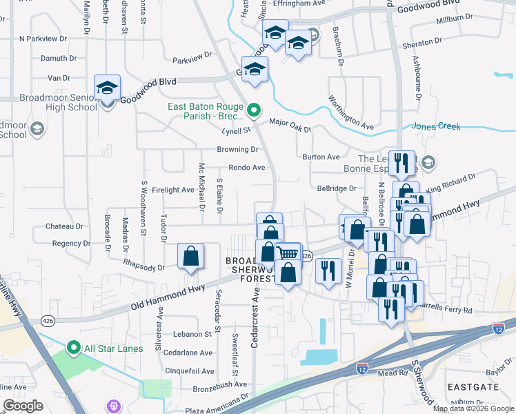 map of restaurants, bars, coffee shops, grocery stores, and more near 10914 Classique Drive in Baton Rouge