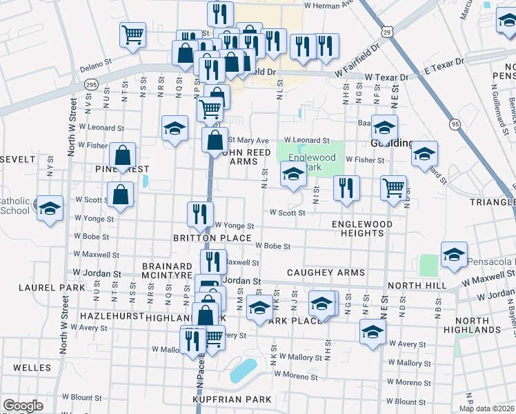 map of restaurants, bars, coffee shops, grocery stores, and more near 2517 North L Street in Pensacola