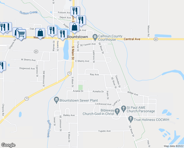 map of restaurants, bars, coffee shops, grocery stores, and more near 20828 Ray Avenue in Blountstown