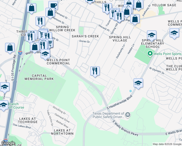 map of restaurants, bars, coffee shops, grocery stores, and more near Durness Dr in Pflugerville