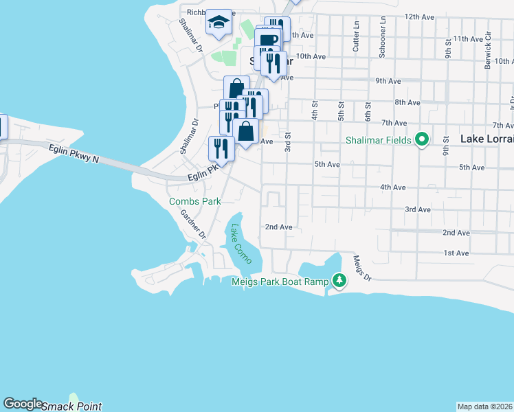 map of restaurants, bars, coffee shops, grocery stores, and more near 5 Meigs Drive in Shalimar