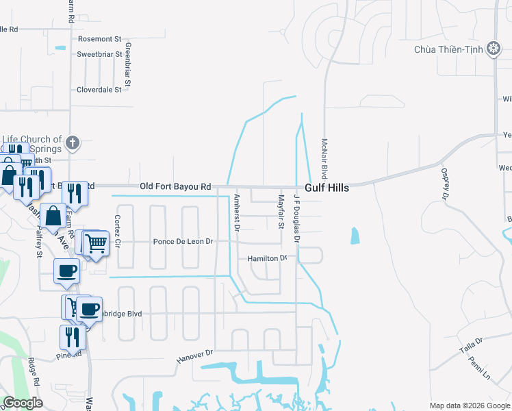 map of restaurants, bars, coffee shops, grocery stores, and more near 12521 Beacon Street in Ocean Springs