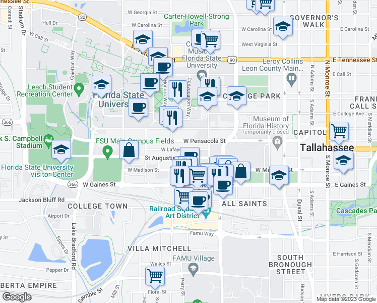 map of restaurants, bars, coffee shops, grocery stores, and more near 641 Saint Augustine Street in Tallahassee