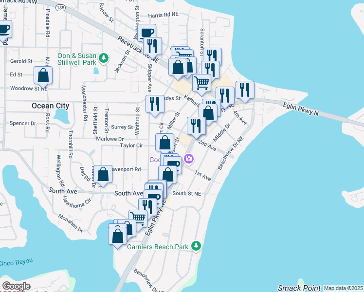 map of restaurants, bars, coffee shops, grocery stores, and more near 432 Eglin Parkway Northeast in Fort Walton Beach