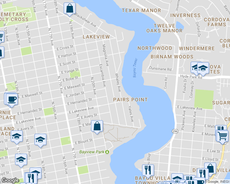 map of restaurants, bars, coffee shops, grocery stores, and more near 1920 Magnolia Avenue in Pensacola