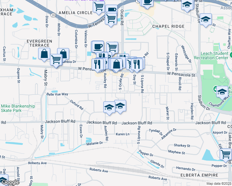 map of restaurants, bars, coffee shops, grocery stores, and more near 2046 Bellevue Way in Tallahassee