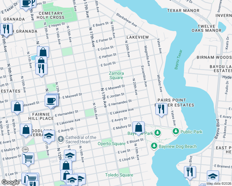 map of restaurants, bars, coffee shops, grocery stores, and more near 1800 East Jordan Street in Pensacola