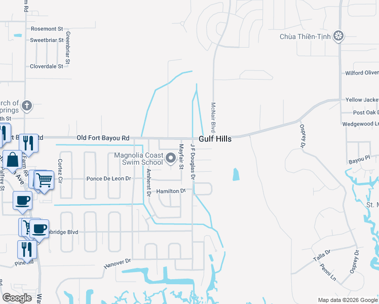 map of restaurants, bars, coffee shops, grocery stores, and more near 6613 J F Douglas Drive in Ocean Springs