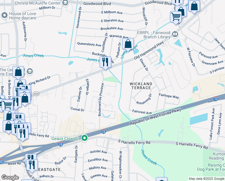 map of restaurants, bars, coffee shops, grocery stores, and more near 1777 Boulevard De Province in Baton Rouge