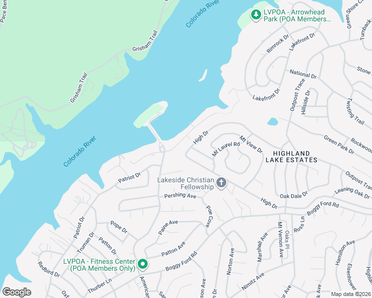 map of restaurants, bars, coffee shops, grocery stores, and more near 21619 High Drive in Lago Vista
