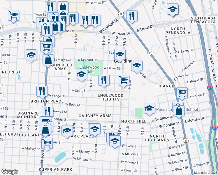 map of restaurants, bars, coffee shops, grocery stores, and more near 2510 North G Street in Pensacola