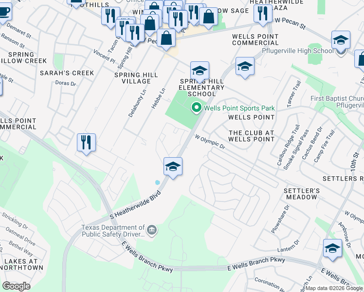 map of restaurants, bars, coffee shops, grocery stores, and more near 1010 South Heatherwilde Boulevard in Pflugerville