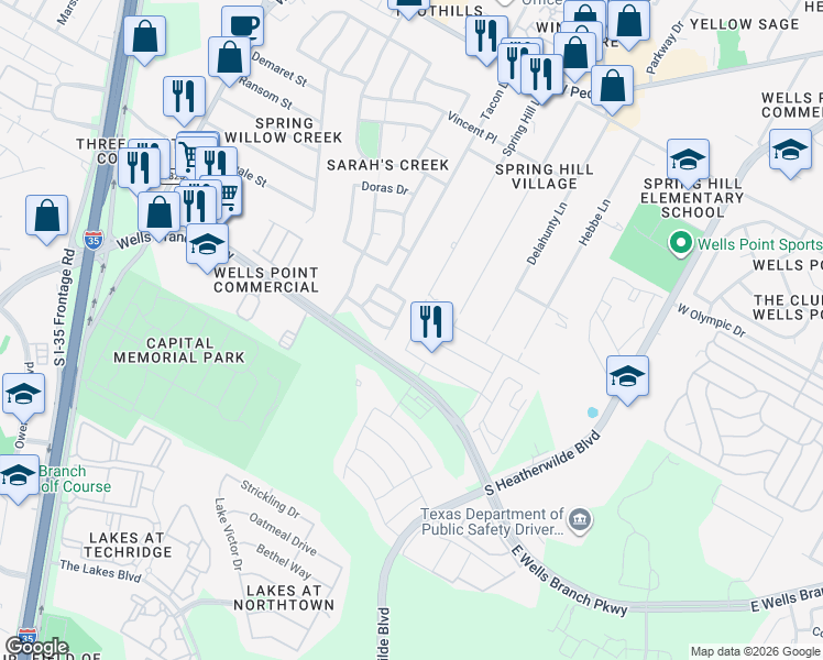 map of restaurants, bars, coffee shops, grocery stores, and more near 14912 Spring Hill Lane in Pflugerville