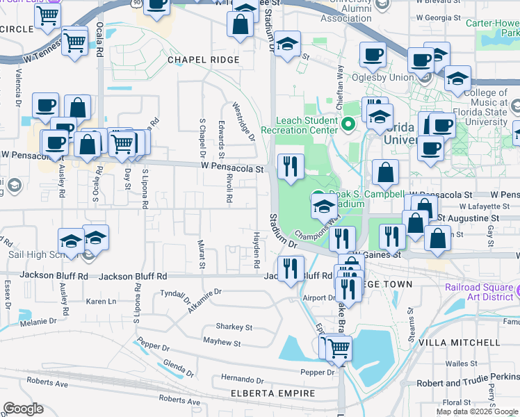 map of restaurants, bars, coffee shops, grocery stores, and more near in Tallahassee