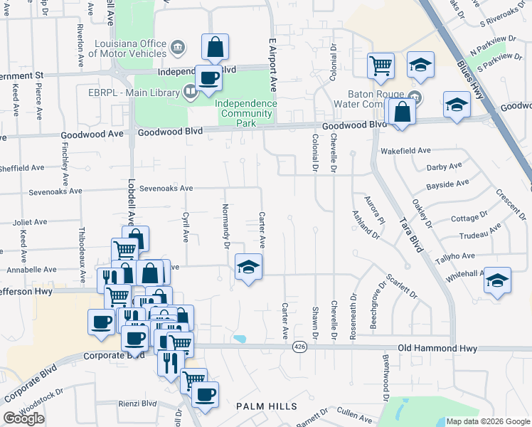 map of restaurants, bars, coffee shops, grocery stores, and more near 1299 Carter Avenue in Baton Rouge