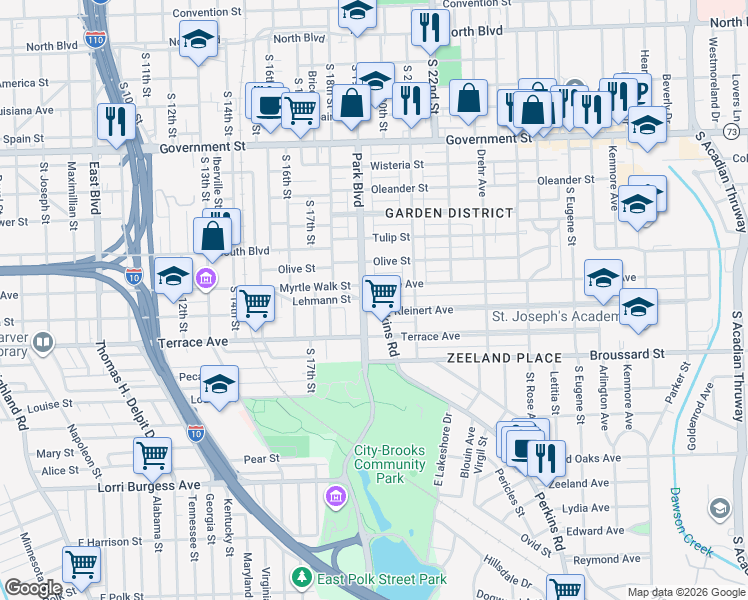 map of restaurants, bars, coffee shops, grocery stores, and more near 1107 Park Boulevard in Baton Rouge