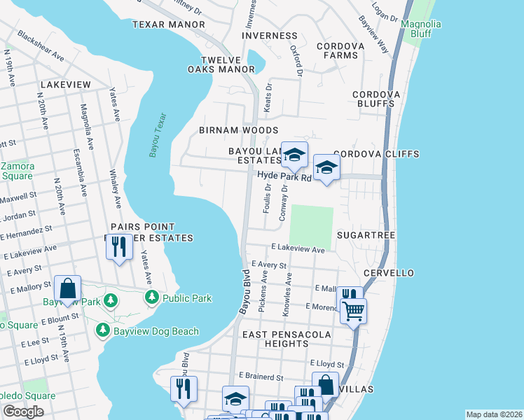 map of restaurants, bars, coffee shops, grocery stores, and more near 1701 Foulis Drive in Pensacola