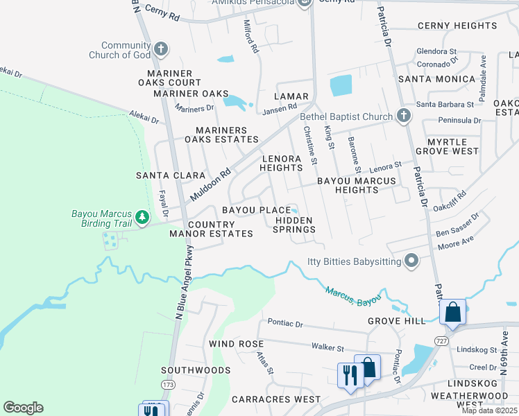 map of restaurants, bars, coffee shops, grocery stores, and more near 8025 Cayenne Way in Pensacola