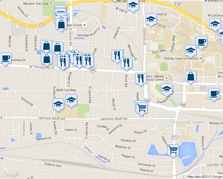 map of restaurants, bars, coffee shops, grocery stores, and more near 248 Gables Court in Tallahassee