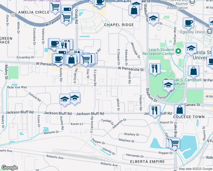 map of restaurants, bars, coffee shops, grocery stores, and more near 248 Gables Court in Tallahassee