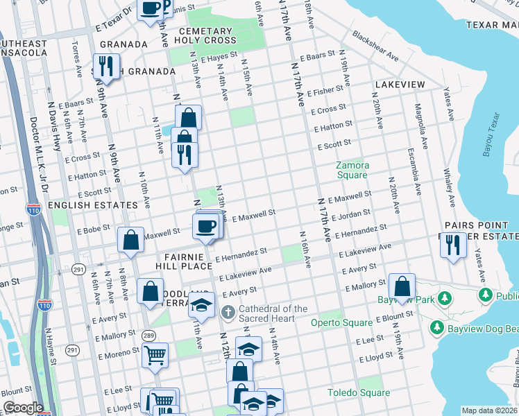 map of restaurants, bars, coffee shops, grocery stores, and more near 2208 North 14th Avenue in Pensacola