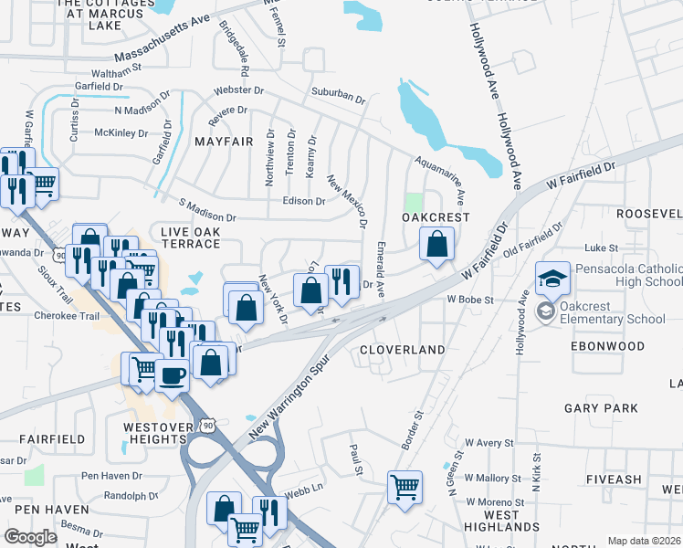 map of restaurants, bars, coffee shops, grocery stores, and more near 12 New Mexico Drive in Pensacola
