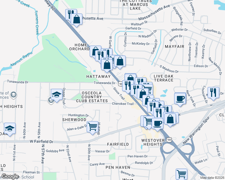 map of restaurants, bars, coffee shops, grocery stores, and more near 16 Sioux Trail in Pensacola