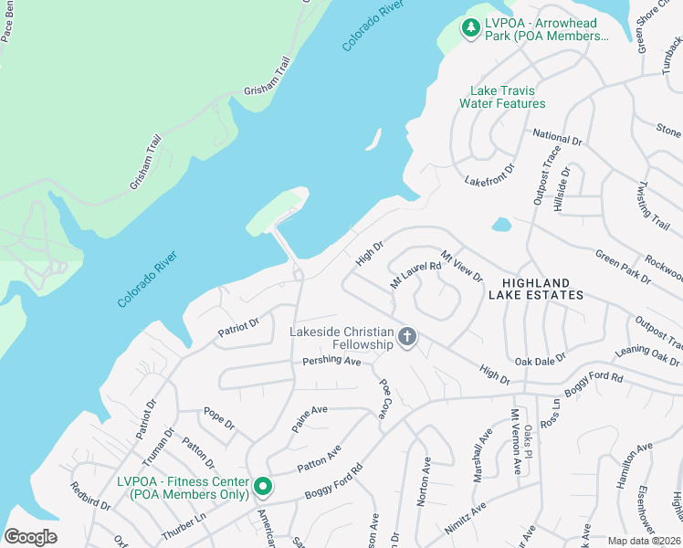 map of restaurants, bars, coffee shops, grocery stores, and more near 21619 High Drive in Lago Vista