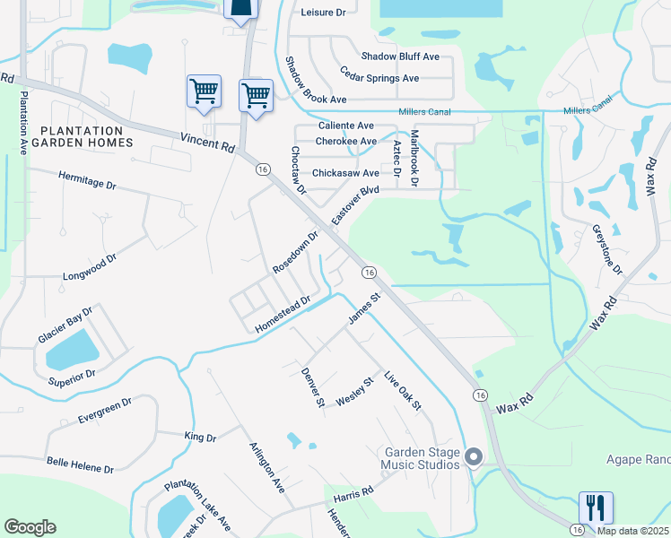 map of restaurants, bars, coffee shops, grocery stores, and more near 8849 Asphodel Street in Denham Springs