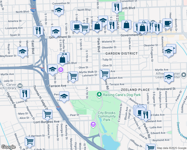 map of restaurants, bars, coffee shops, grocery stores, and more near 1825 Lehmann Street in Baton Rouge