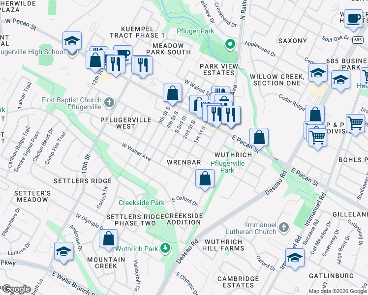 map of restaurants, bars, coffee shops, grocery stores, and more near 106 West Hoopes Avenue in Pflugerville