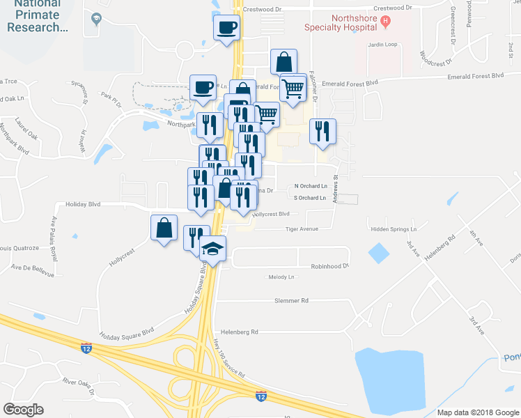 map of restaurants, bars, coffee shops, grocery stores, and more near 47 Hollycrest Boulevard in Covington
