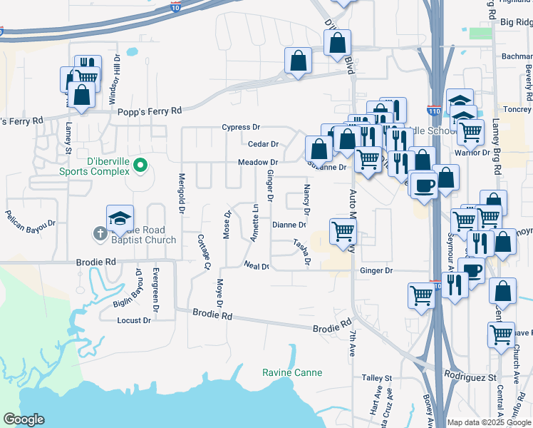 map of restaurants, bars, coffee shops, grocery stores, and more near 451 Ginger Drive in D'Iberville