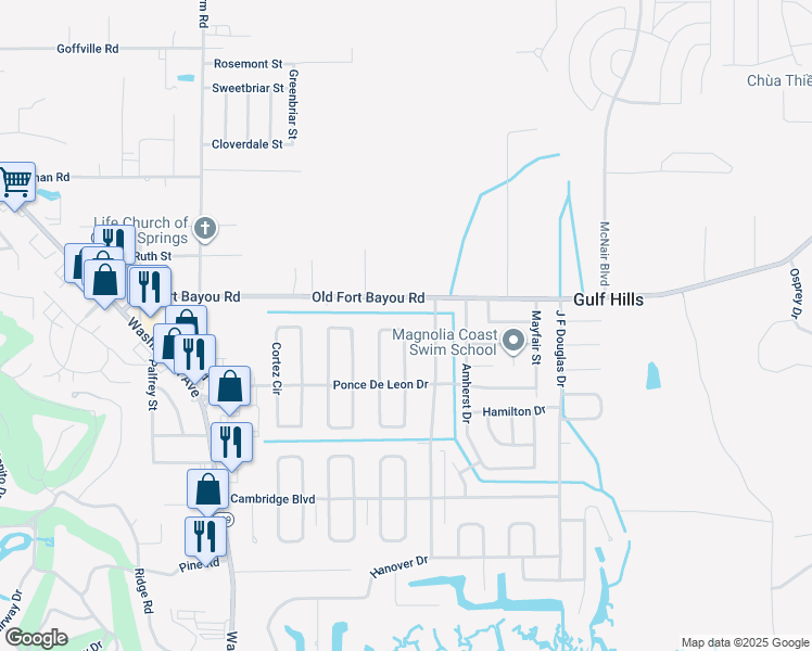 map of restaurants, bars, coffee shops, grocery stores, and more near 6636 Balboa Circle in Ocean Springs