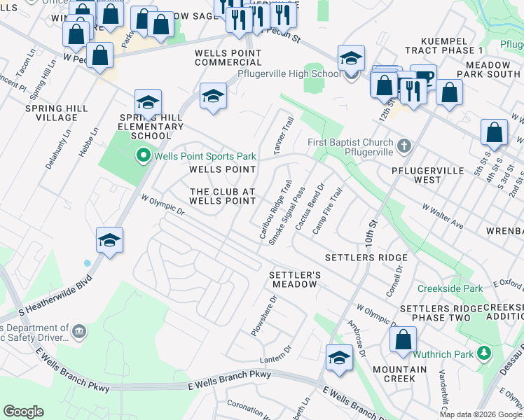 map of restaurants, bars, coffee shops, grocery stores, and more near 805 Runners Ridge in Pflugerville