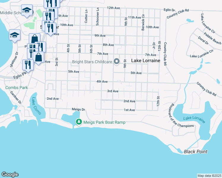 map of restaurants, bars, coffee shops, grocery stores, and more near 17 8th Street in Shalimar
