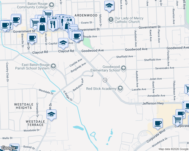 map of restaurants, bars, coffee shops, grocery stores, and more near 6254 Jefferson Highway in Baton Rouge
