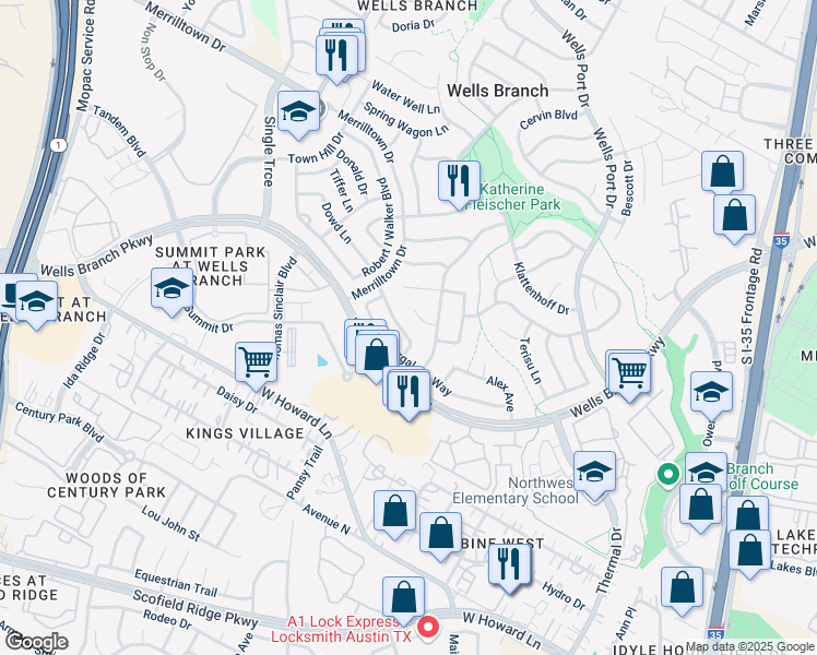 map of restaurants, bars, coffee shops, grocery stores, and more near 14219 Anita Marie Lane in Austin